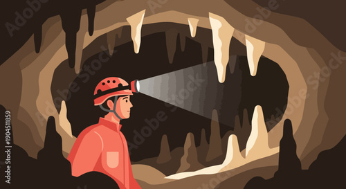 Illustration of a cave explorer with helmet and headlamp inside a dark cavern.