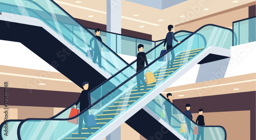 Vibrant shoppers navigate multiple escalators inside a modern shopping mall atrium.