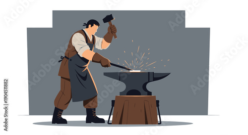 Blacksmith at the anvil forging metal with hammer and sparks in a workshop.