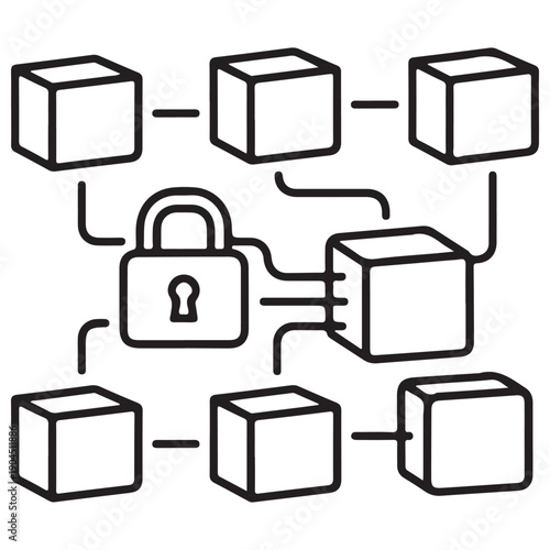 Blockchain network diagram with interconnected cubes and a central padlock representing secure data distribution and decentralized ledger technology in a minimalist black line art style.