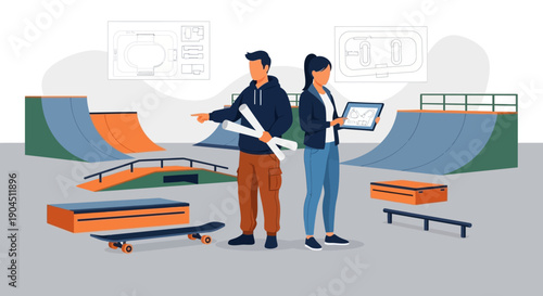 Two professionals plan a skatepark design with ramps and halfpipe during a collaborative session.
