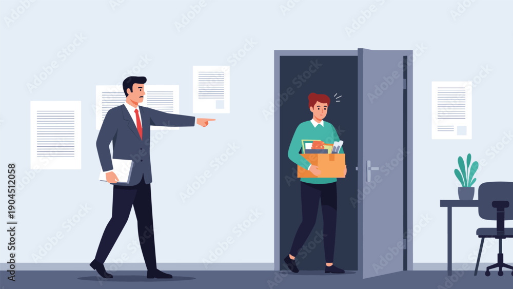 Obraz premium Workplace conflict or dismissal concept showing a boss pointing at the door while an employee leaves the office with a box of belongings.