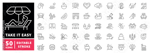 Relaxation and leisure editable line icons set. Linear and outline symbols