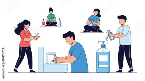Hygiene and health protection concept with diverse people washing their hands and using liquid sanitizer to prevent the spread of germs.