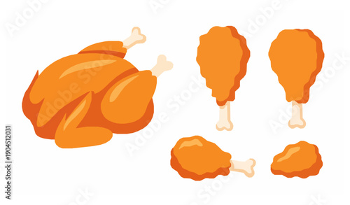 Minimal fried chicken flat vector set whole roast chicken and crispy legs isolated on white