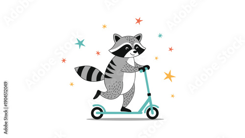 Charming illustration of a cute raccoon riding a teal kick scooter through a magical sky filled with colorful stars and sparkles.