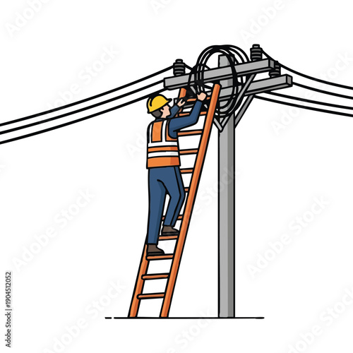 Electrician or telecommunications technician working on a power line pole with a ladder. Maintenance and repair illustration.