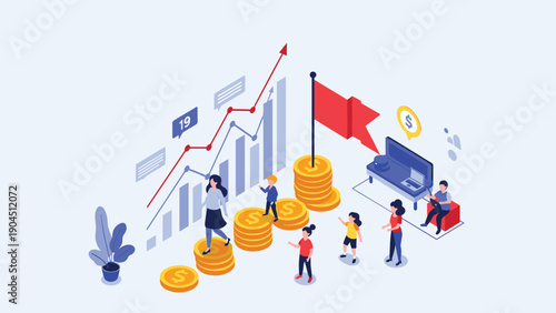 Financial growth and wealth accumulation concept with people climbing up stacks of gold coins toward a red flag of success.
