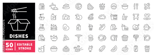 Dishes editable line icons set. Food, cuisine, culinary symbols