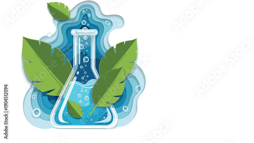 Natural science and organic chemistry concept featuring a glass laboratory flask filled with blue liquid surrounded by green leaves.
