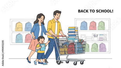 Happy family with a young child shopping for back to school supplies with a cart full of backpacks and notebooks in a store.