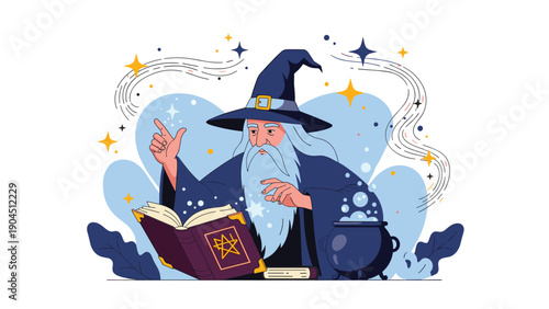 Fantasy illustration of a wise old wizard with a long white beard reading a magic book near a steaming cauldron of potions.
