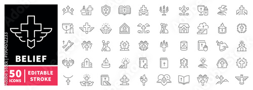 Belief editable line icons set. Faith and spirituality symbols in outline style