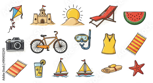 Colorful hand-drawn summer and beach vacation icons including a kite, sandcastle, sun, beach chair, watermelon, camera, bicycle, snorkel, swimsuit, towels, lemonade, sailboats, and starfish.