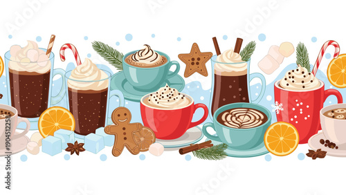 Winter themed seamless border design featuring various hot drinks, gingerbread cookies, candy canes, and festive decorations.