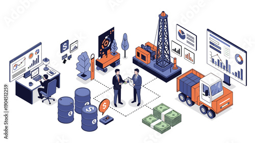 Isometric oil and gas industry concept showing business professionals making a deal near an oil rig, barrels, and money stacks.