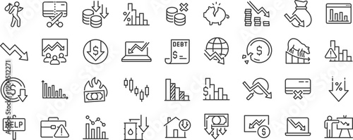Crisis web icon set. Decrease, recession, collapse, layoff, panic, job fired, pay cuts, low cost, collection. Editable stroke. Vector