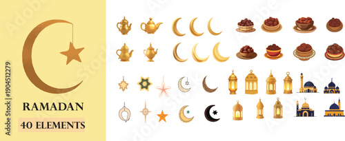 Ramadan Kareem 40 Elements Bundle: Golden Crescent Moons, Stars, Lanterns, Mosques, and Dates for Islamic Design Set