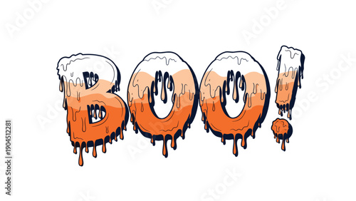 Halloween themed typography design with the word boo written in a melting orange and white font on a white background.
