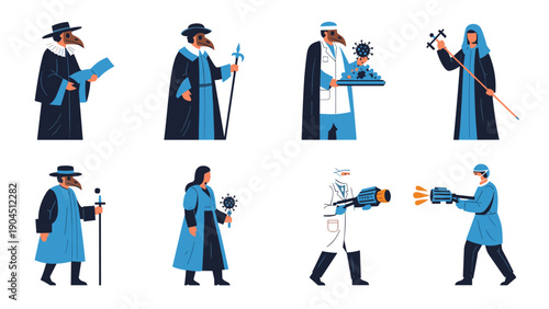 Comparison of historical plague doctors in traditional masks and modern medical professionals in protective gear and lab coats.