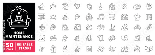 Home maintenance editable line icons set. Repair and cleaning symbols