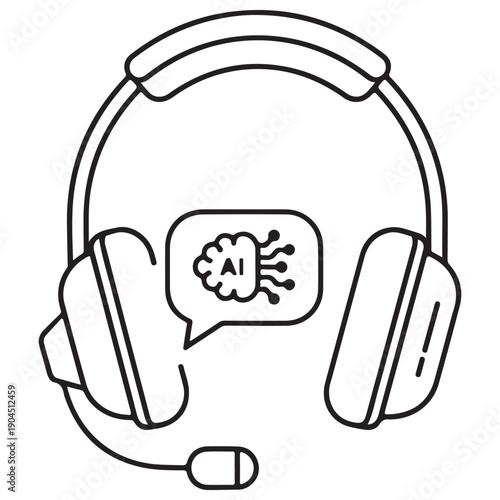 AI-powered headset icon with speech bubble and brain symbol representing automated customer support and voice recognition technology in a minimalist line art design for modern tech.