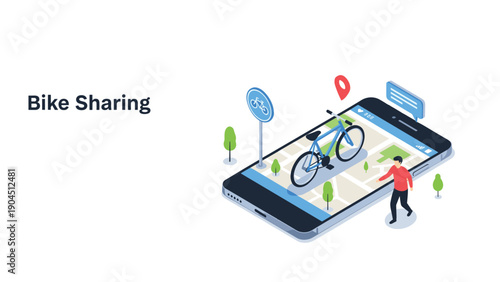 Modern bike sharing mobile application concept showing a person walking towards a bicycle located on a city map through a smartphone screen.