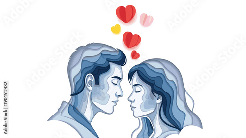 Romantic silhouette of a man and a woman in a stylized blue paper-cut art design with red and yellow hearts floating between them in love.