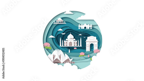 Exquisite paper-cut art featuring iconic Indian landmarks including the Taj Mahal and Lotus Temple arranged in a decorative circular frame.