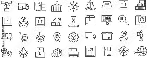 Delivery and logistics web icons. Courier, shipping, express delivery, warehouse, truck, scooter, container, tracking order, support, business. Editable stroke. Vector