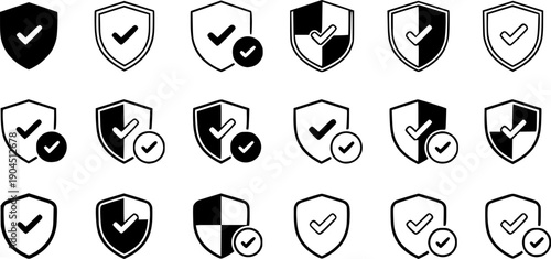 Shield check mark icon set. Protection approve sign. Safe icon vector
