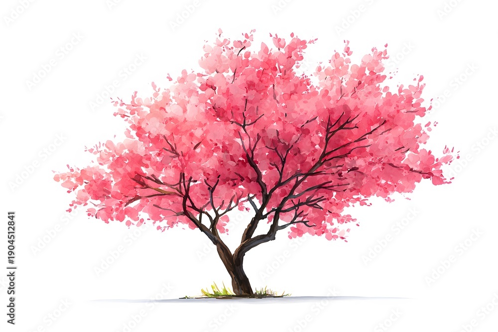 Fototapeta premium A watercolor painting of a beautiful blooming cherry blossom tree. The tree features pink flowers and a dark trunk, evoking a sense of spring and renewal