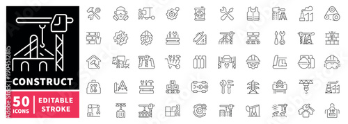 Construction editable line icons set. Build and architecture symbols