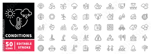 Weather conditions editable line icons set. Climate and forecast symbols