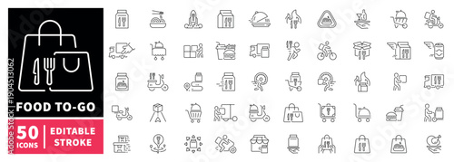 Food delivery editable line icons set. Takeaway and courier symbols