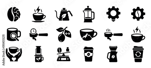Set of black coffee icons showing various brewing methods, equipment, and concepts like energy and care, designed in a clean, minimalist glyph style for versatile graphic use