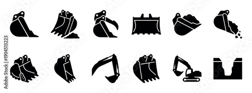 Excavator bucket and construction machinery icon set showing various types of digger scoops, grapples, and a full vehicle in a black silhouette glyph style for industrial design