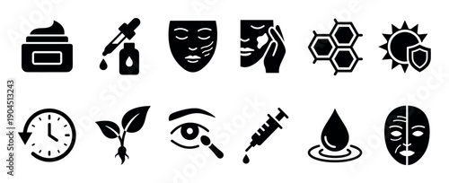 Black skincare and cosmetic treatment glyph icons featuring minimalist symbols for cream, serum, face mask, anti-aging, sun protection, injection, and natural ingredients