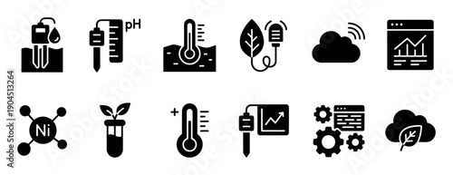 Set of black glyph icons for smart agriculture and environmental monitoring, featuring symbols for soil analysis, pH level, temperature sensor, plant health, and cloud data analytics