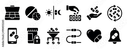 Set of black solid glyph icons representing medication management, pharmacy, and healthcare concepts like pill organizers, dosage schedules, reminders, and prescription security