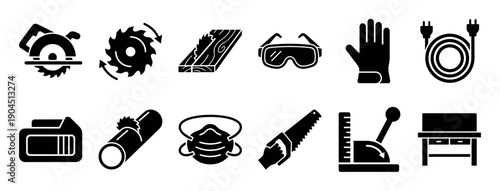 Set of black glyph icons for woodworking and carpentry, including a circular saw, safety gear, and workbench, presented in a simple, flat vector graphic style for design elements