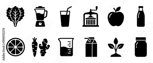 Set of black glyph icons representing healthy food and smoothie ingredients like fruits, vegetables, and kitchen appliances for a healthy lifestyle concept