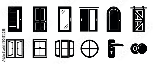 Black silhouette icon set of various doors, windows, and architectural hardware elements, including modern, classic, sliding, and barn doors, in a minimal graphic vector style