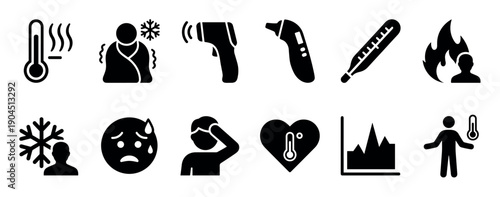 Collection of black glyph icons representing fever, temperature measurement, and illness symptoms like chills, headache, and sweating, including various thermometers and health pictograms