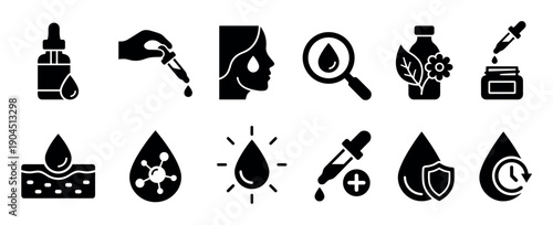 Black glyph icon set for skincare and cosmetic products, featuring symbols for serum, hydration, anti-aging, protection, and natural ingredients for beauty treatments