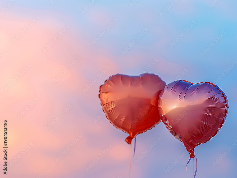 Fototapeta premium Two Red Heart Balloons in Sunset Sky with Copy Space on Left for Valentine Banner and Romantic Love Quote Background