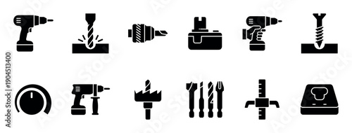 Black glyph icon set of various power tools and workshop equipment for construction and carpentry, featuring a cordless drill, screwdriver, bits, screw, and battery symbols