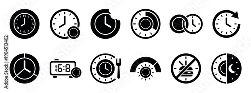 Collection of black intermittent fasting icons showing various clock faces, time intervals, eating windows, and diet schedule symbols in a minimalist glyph style for health concepts