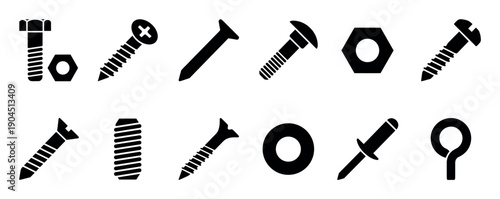 Collection of black hardware fastener icons including various screws, bolts, nuts, nails, washers, and hooks presented in a clean, minimalist graphic style for construction themes