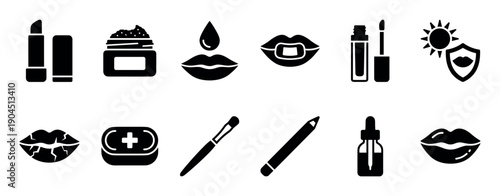 Lip care and cosmetic products icon set featuring lipstick, gloss, balm, scrub, and liner for beauty and dermatology concepts in a simple black glyph style collection